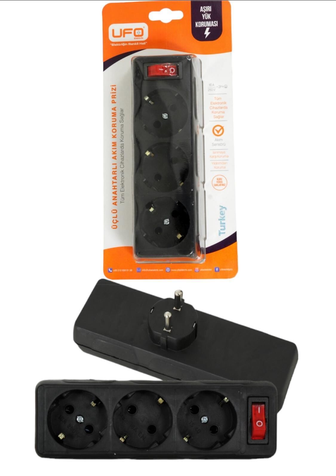 UFO 3 LÜ AKIM KORUMALI FİŞ PRİZ  SİYAH