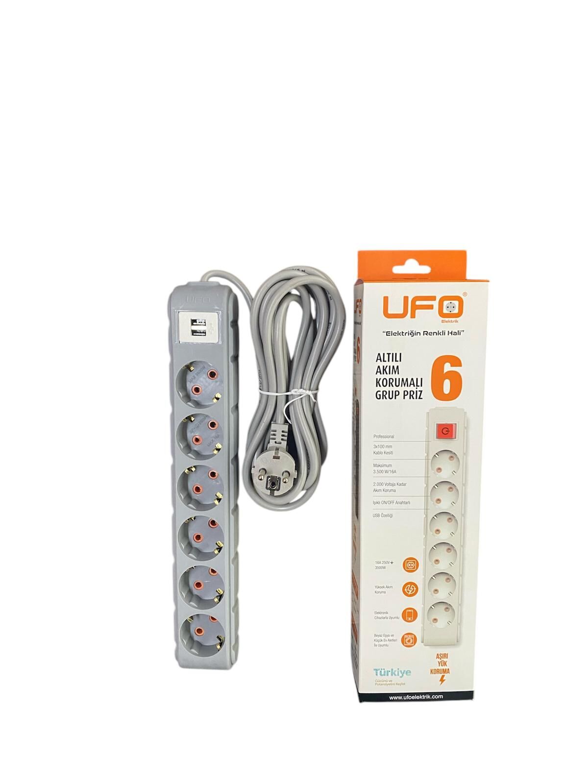 UFO 6 LI  GRUP PRİZ USB AKIM KORUMALI 1,5 METRE GRİ