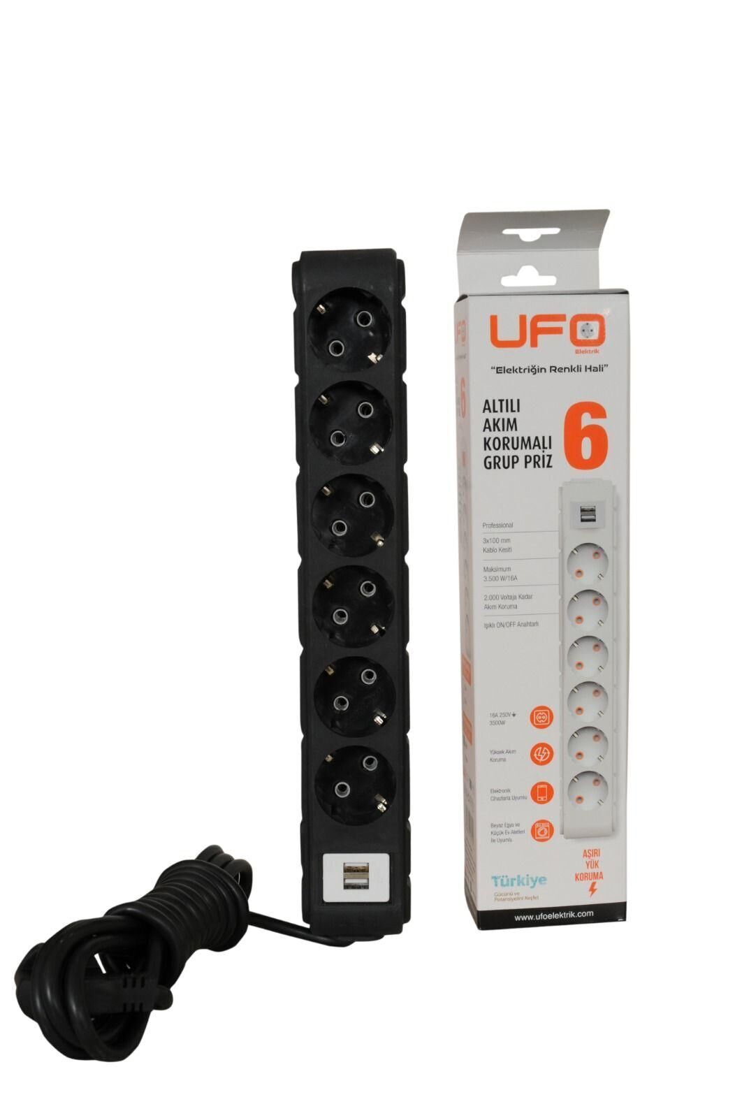 UFO 6 LI  GRUP PRİZ USB AKIM KORUMALI 5 METRE SİYAH