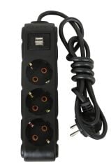 UFO 3 LÜ  GRUP PRİZ USB AKIM KORUMALI 1,5 METRE SİYAH
