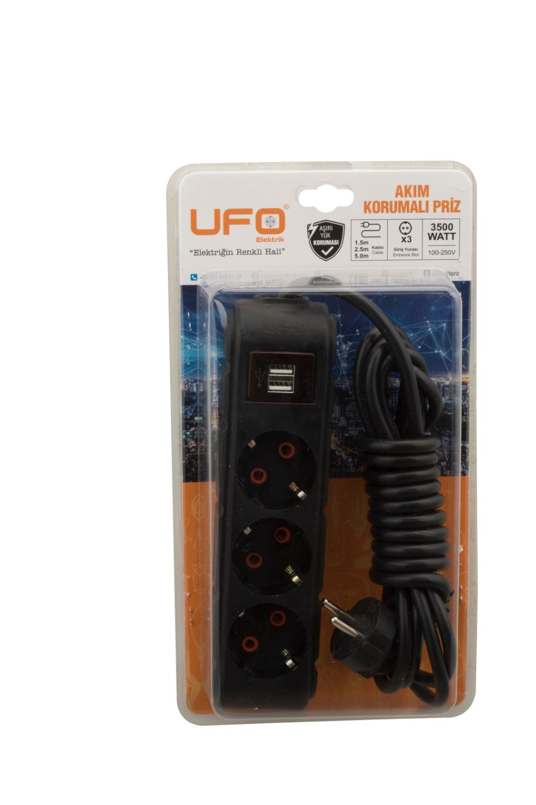 UFO 3 LÜ  GRUP PRİZ USB AKIM KORUMALI 1,5 METRE SİYAH