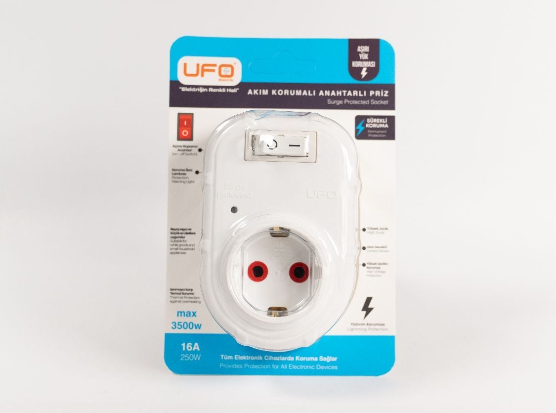 ufo yeni nesil tekli akım korumalı fiş priz beyaz anahtarlı 3000watt