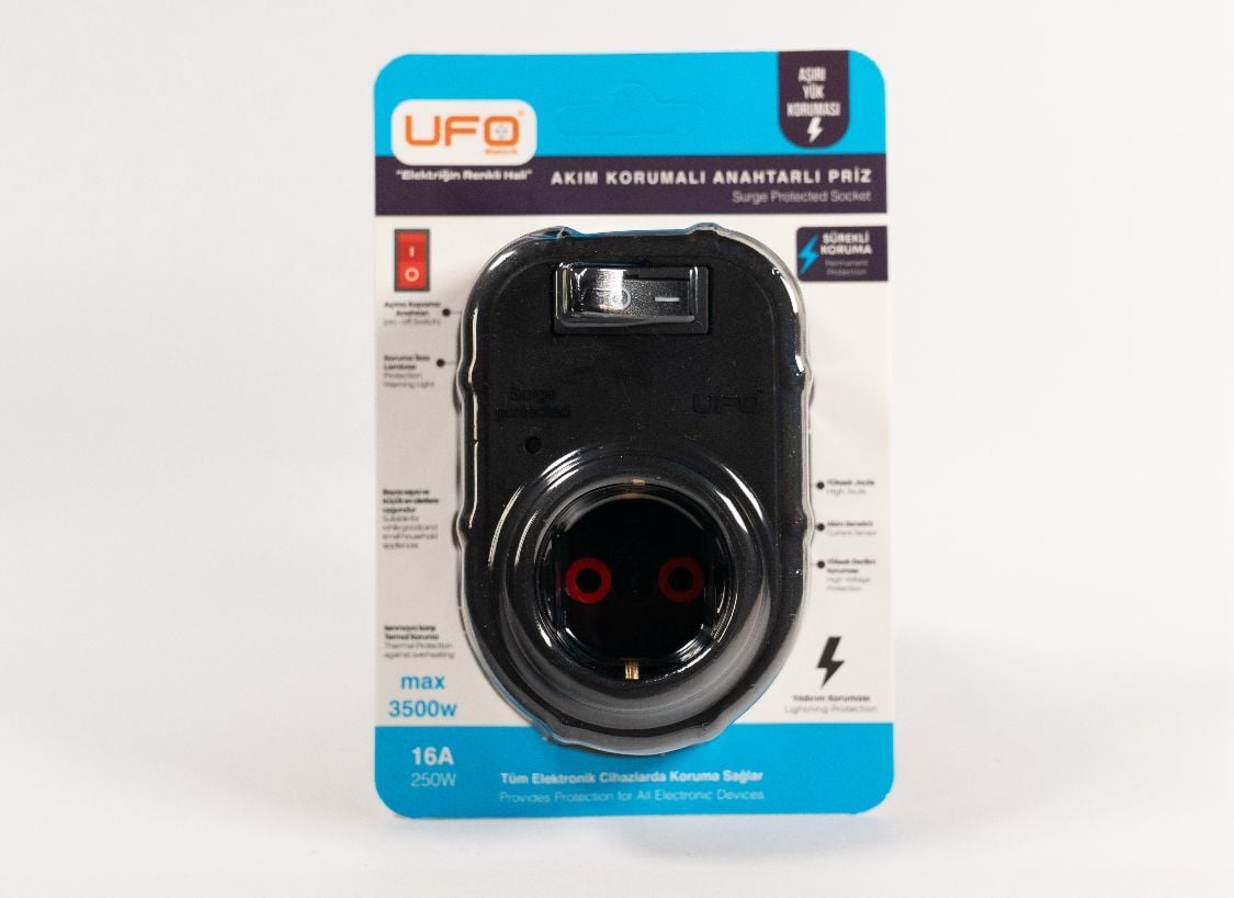 ufo yeni nesil tekli akım korumalı fiş priz siyah anahtarlı 3000watt