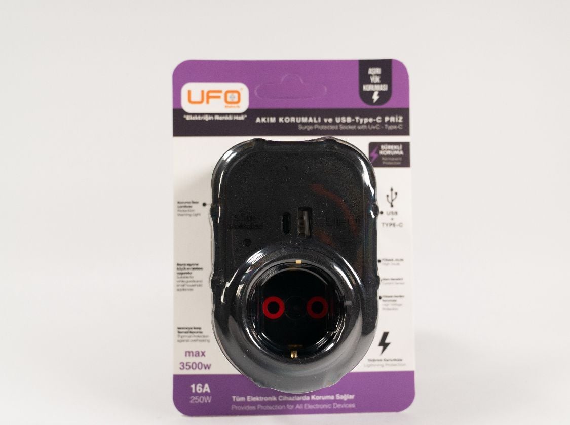ufo yeni nesil tekli akım korumalı fiş priz siyah usb ve type-c  li 3000watt