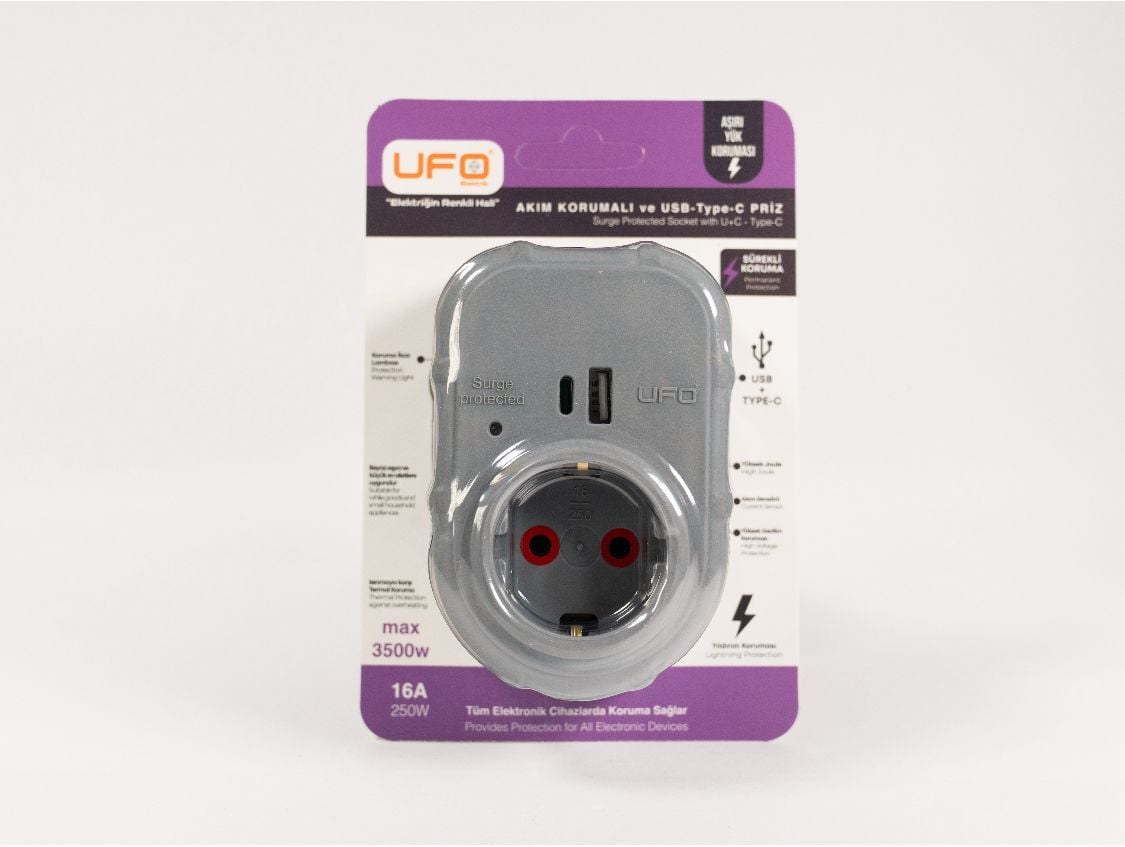 ufo yeni nesil tekli akım korumalı fiş priz gri usb ve type-c  li 3000watt