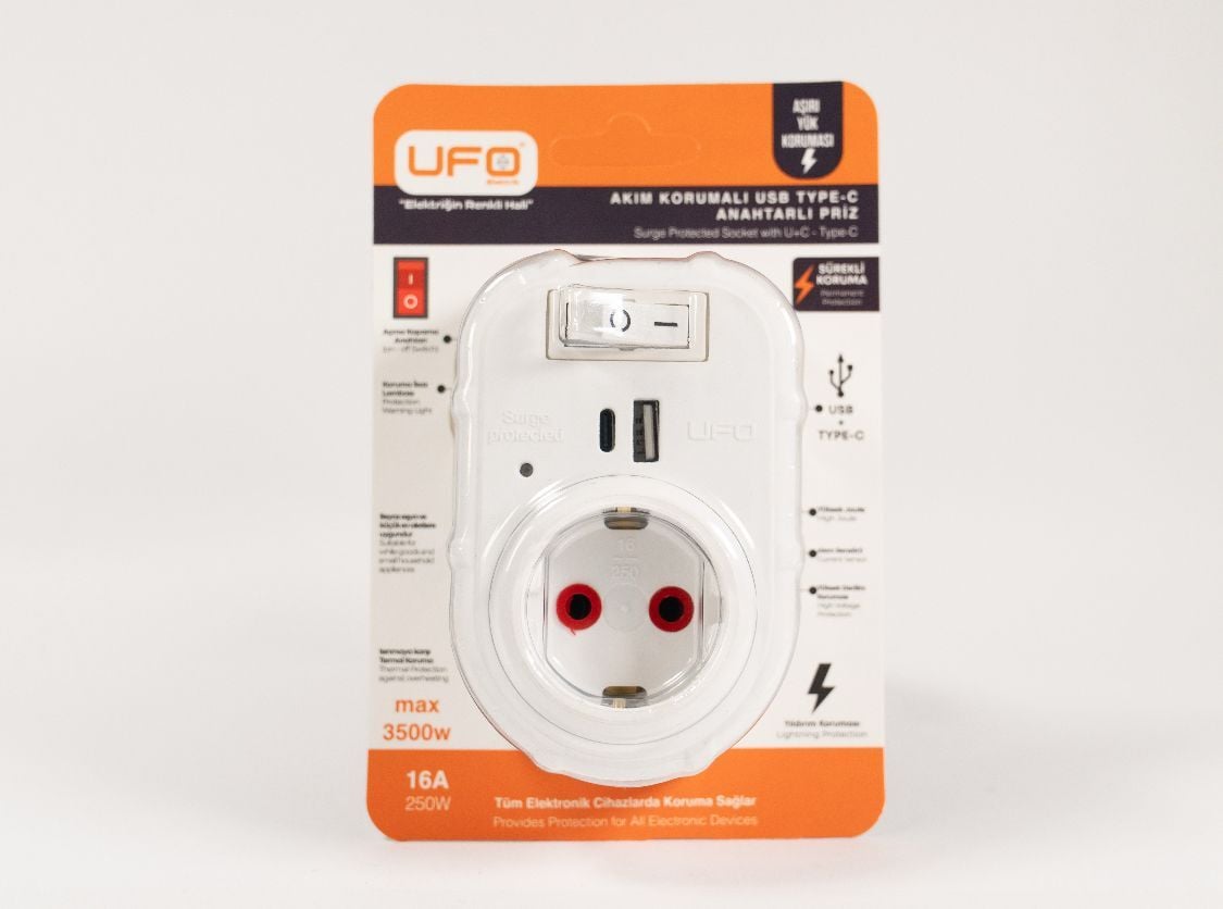 ufo yeni nesil tekli akım korumalı fiş priz beyaz anahtarlı usb ve type-c  li 3000watt