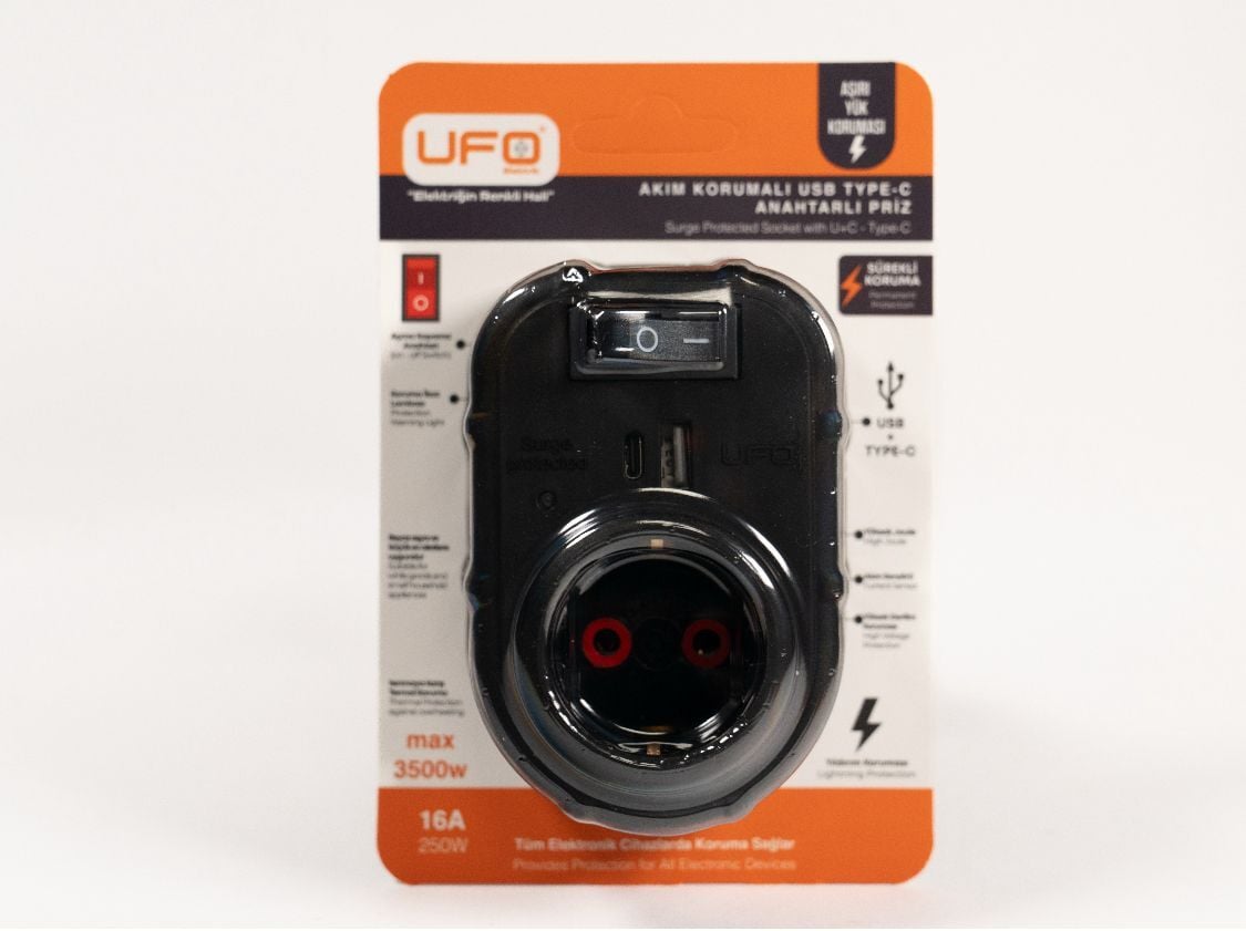 ufo yeni nesil tekli akım korumalı fiş priz siyah anahtarlı usb ve type-c  li 3000watt