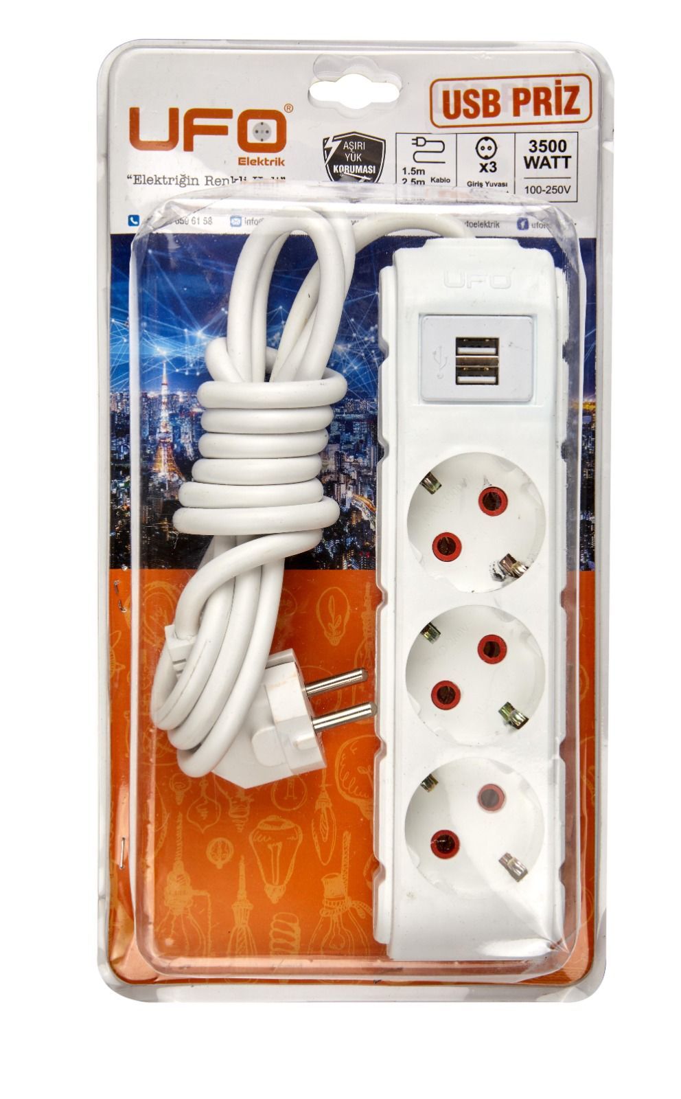 UFO 3 LÜ GRUP PRİZ USB AKIM KORUMALI