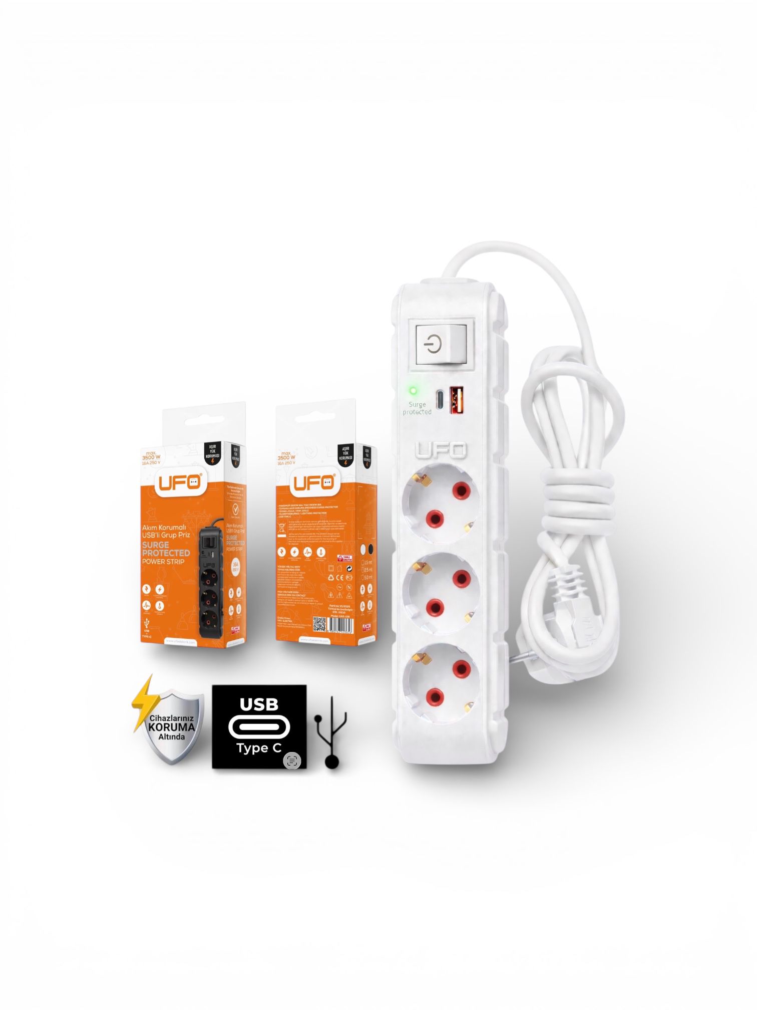 UFO 3 LÜ RENKLİ AKIM KORUMA VE USB TYPE-C PRİZ