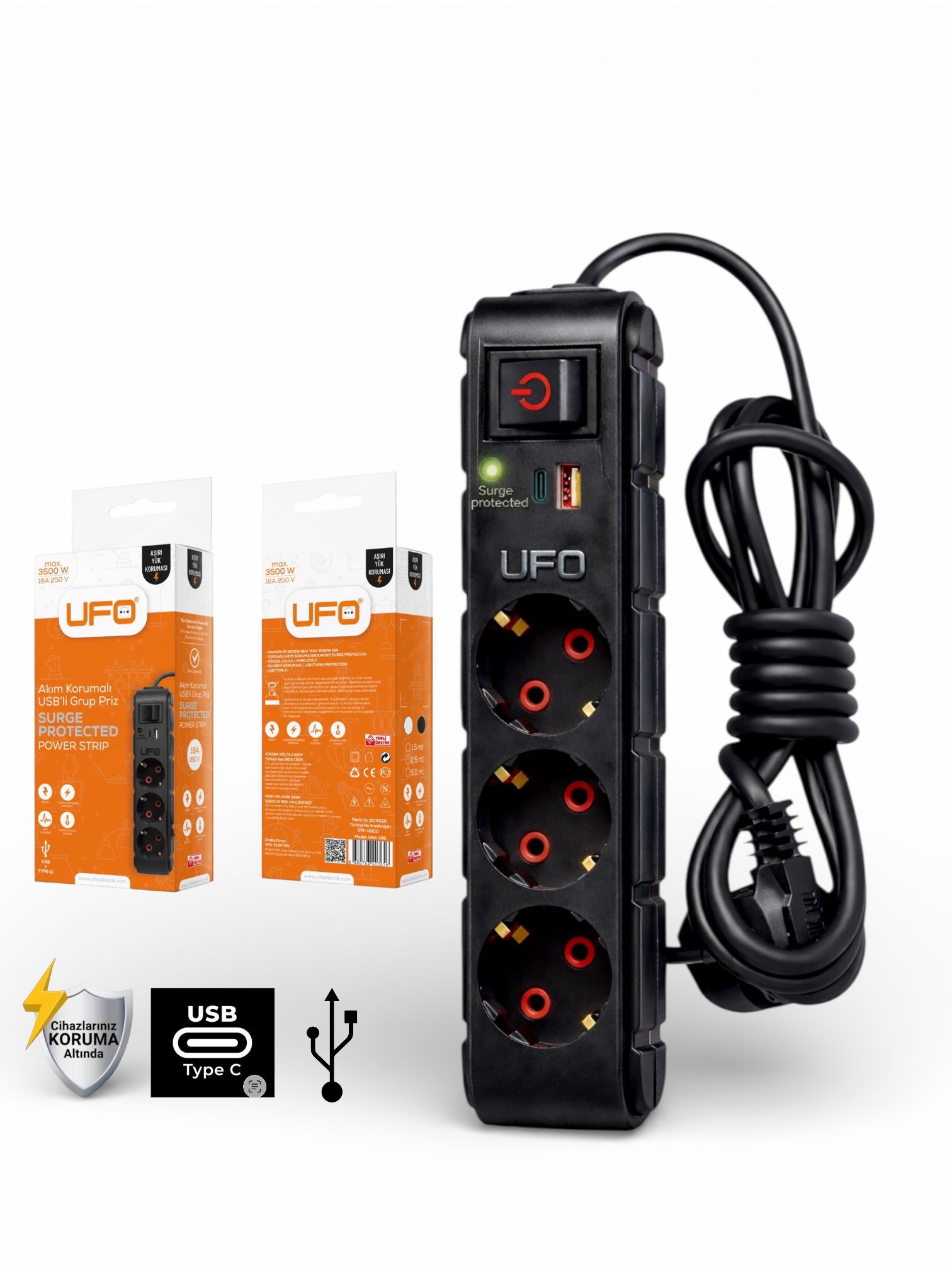 UFO 3 LÜ RENKLİ AKIM KORUMA VE USB TYPE-C PRİZ