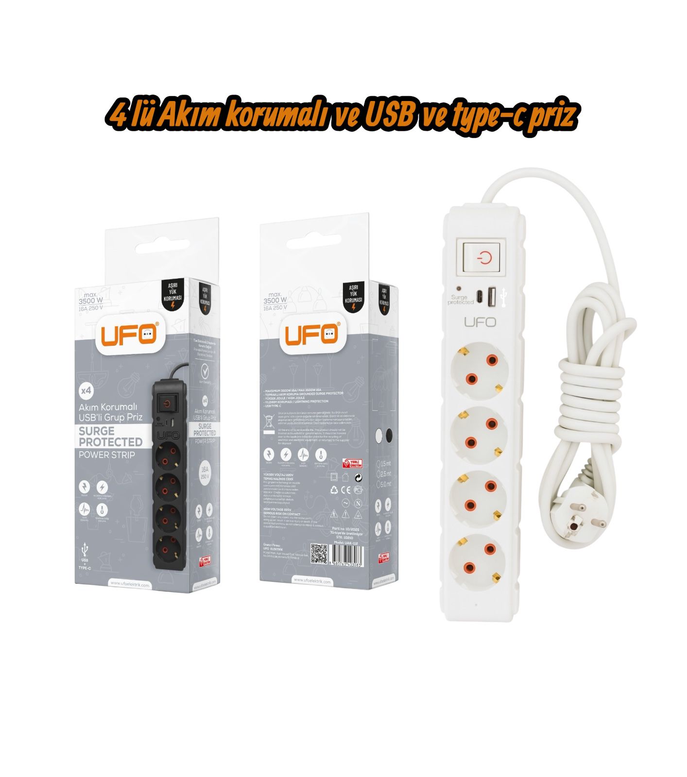 UFO 4 LÜ RENKLİ AKIM KORUMA VE USB TYPE-C PRİZ