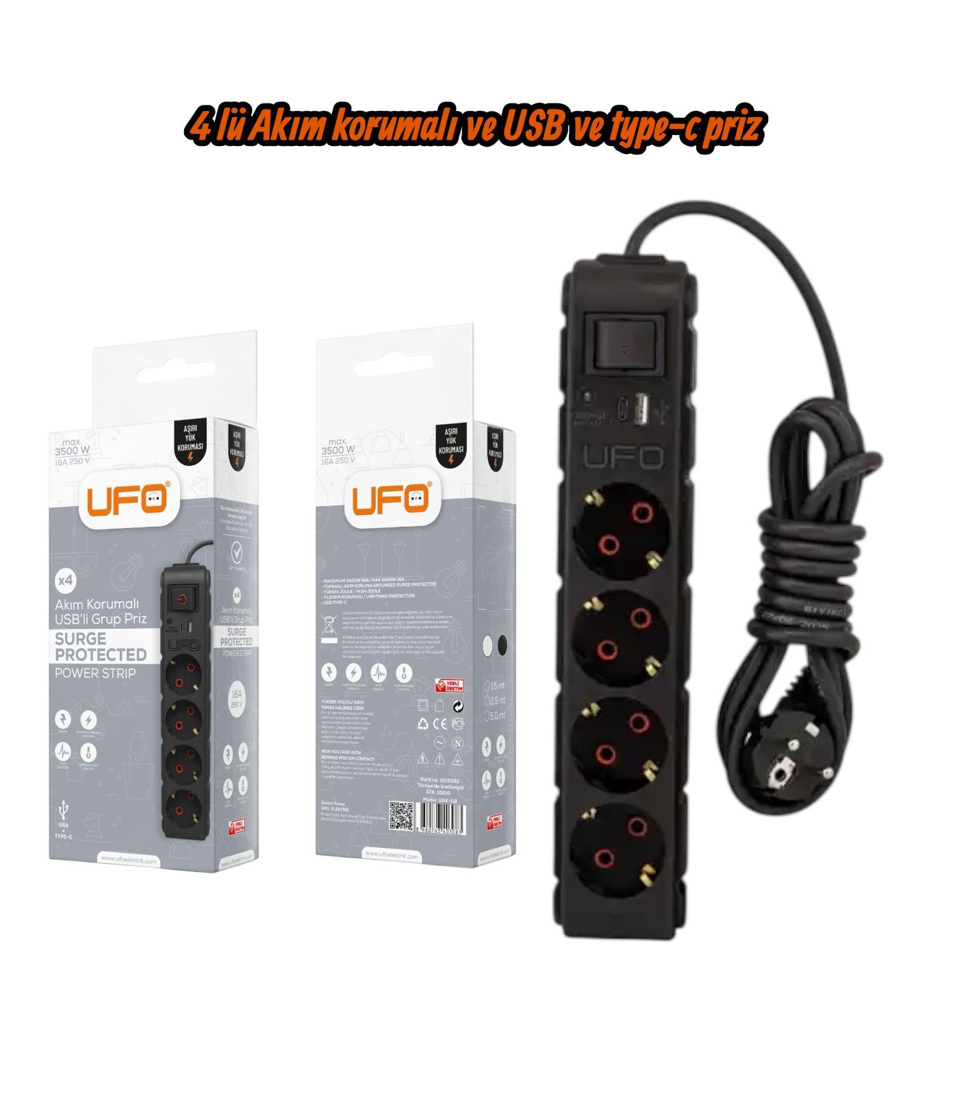 UFO 4 LÜ RENKLİ AKIM KORUMA VE USB TYPE-C PRİZ