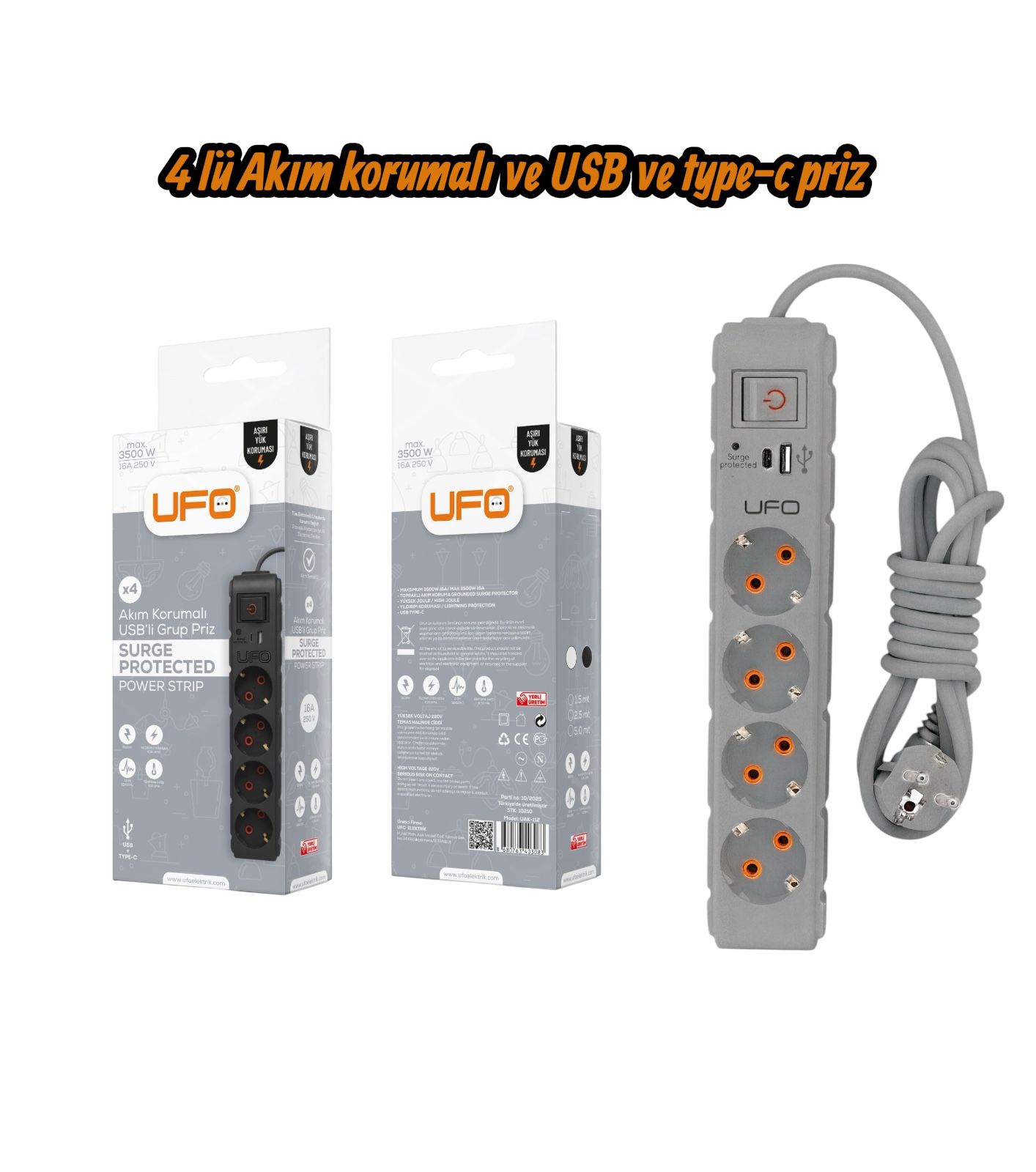 UFO 4 LÜ RENKLİ AKIM KORUMA VE USB TYPE-C PRİZ